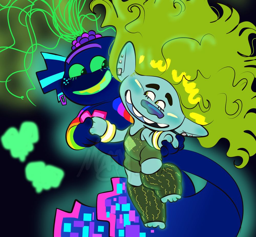 Trollex and Clay holding hands and smiling at each other