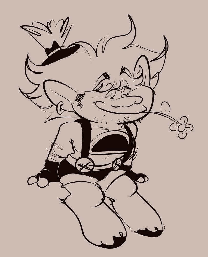 Hickory sitting and smiling at the viewer with a flower in his mouth