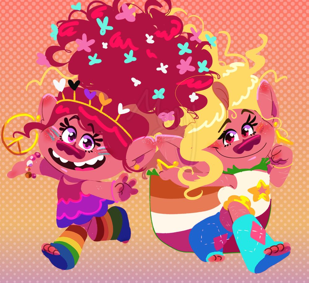 Poppy and Viva celebrating pride month. Poppy is in a bi colored dress and Viva has a lesbian colored cape