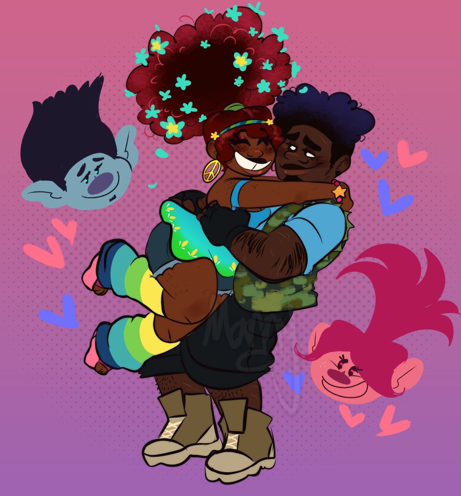 Poppy and Branch as humans. Poppy is jumping on Branch hugging him, both are smiling.