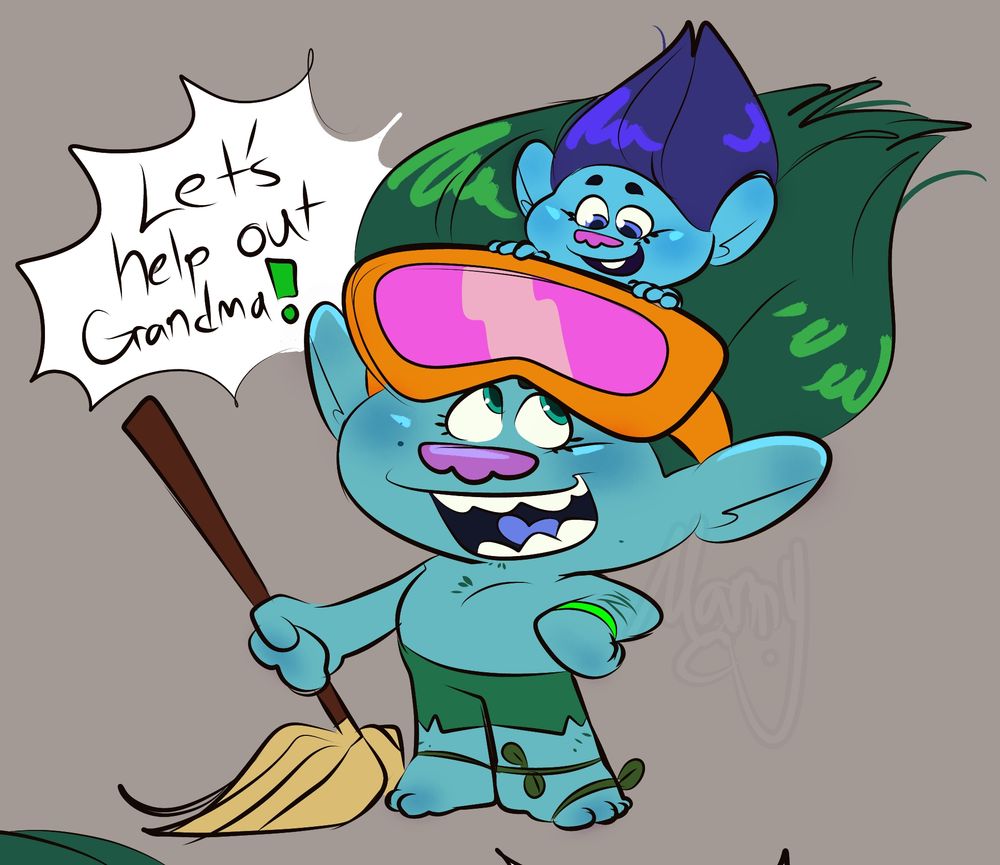 Young John Dory and baby Branch in his hair. John is saying "Lets help out grandma" while holding a broom