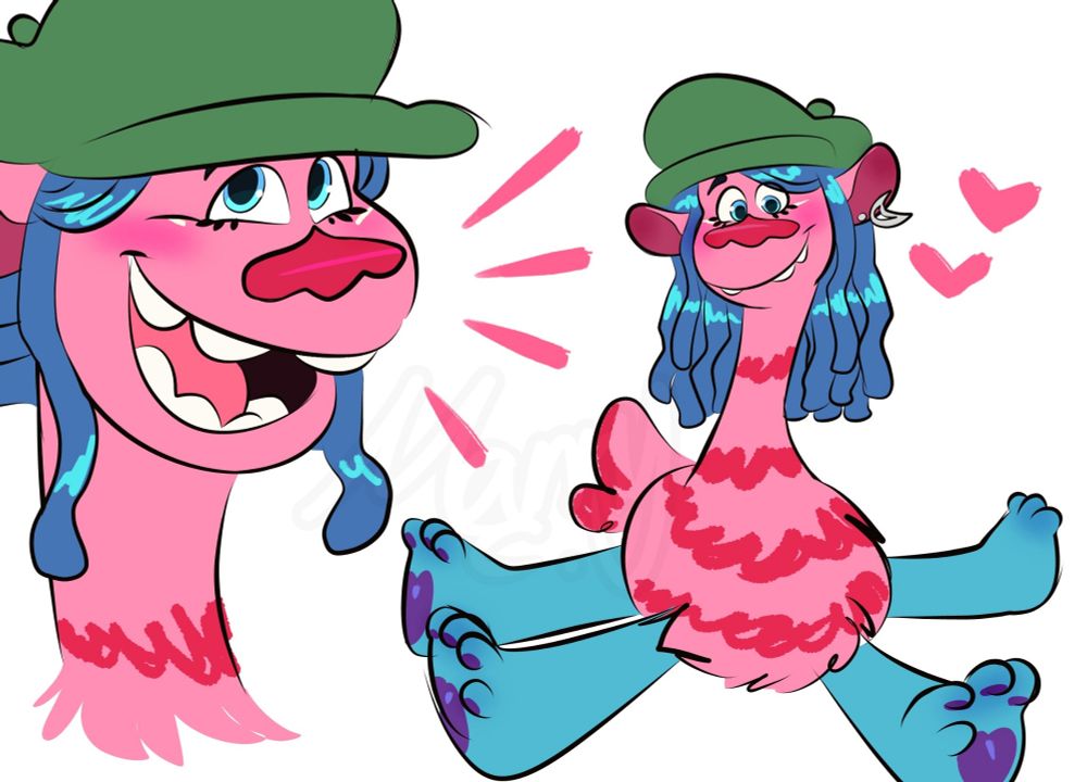 Two drawings of Cooper from Trolls, one headshot and another full body. She is smiling in both.
