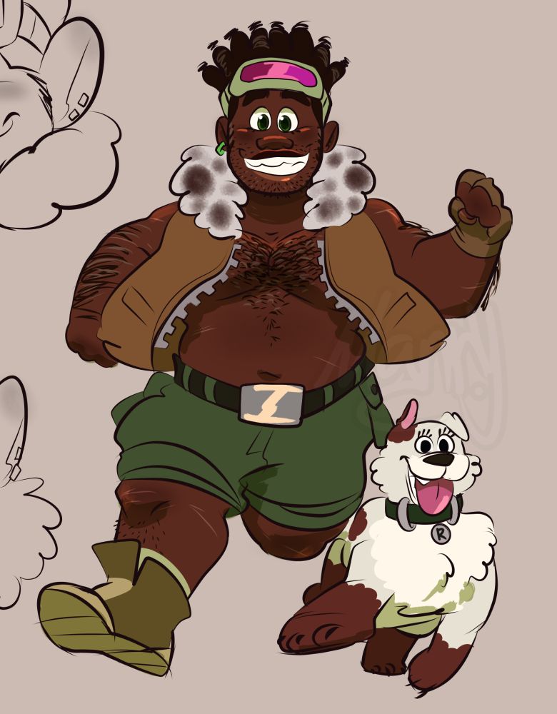 Art depicting John Dory as a human and Rhonda as a pitbull dog