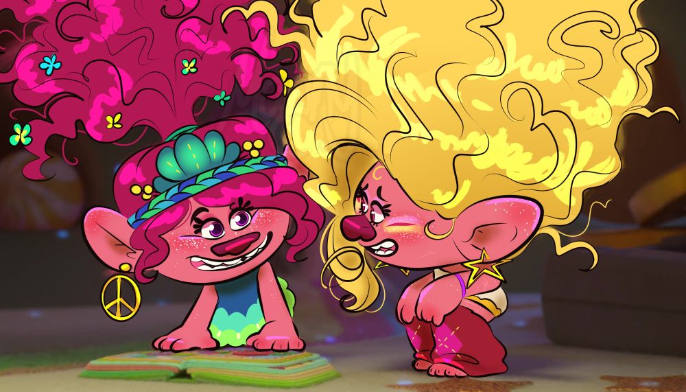 A frame from Trolls Band Together redrawn in my art style. Poppy and smiling at Viva while Viva is smiling half-heartedly back