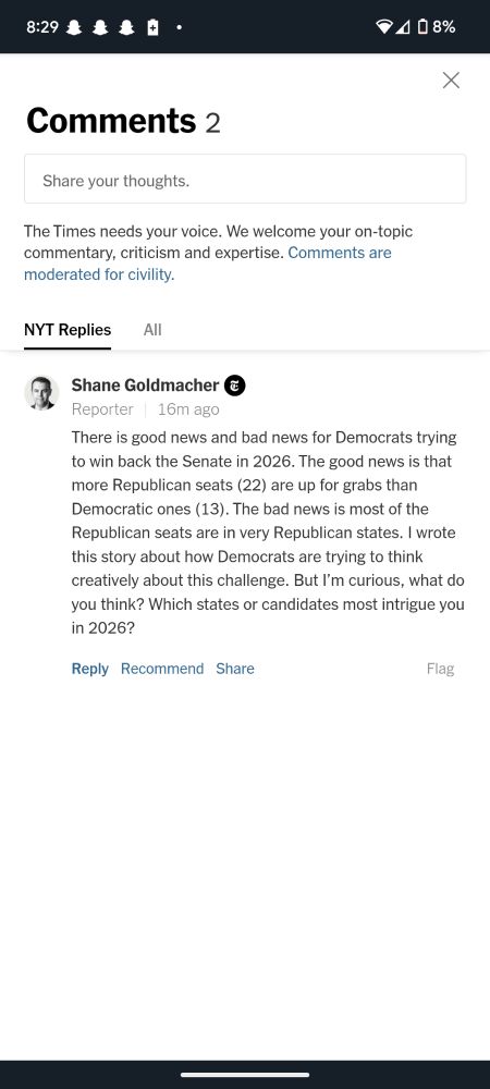 Comments:

Shane Goldmacher-good news and bad news for Democrats. 22 Republican seats up for re-election versus 13 Democrat seats. Bad news is that most Republican seats are in very red states.