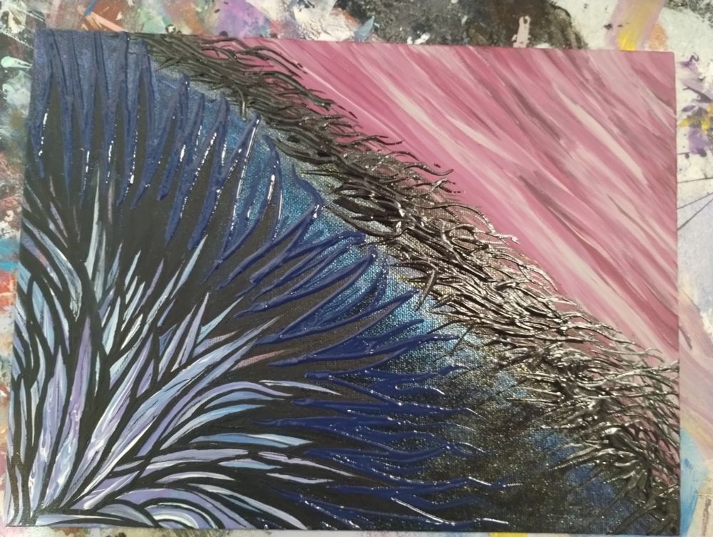 Abstract painting with pink and red skies and pointy foreground 