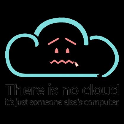 A sad cloud logo with the caption "There is no cloud, it's just someone else's computer"