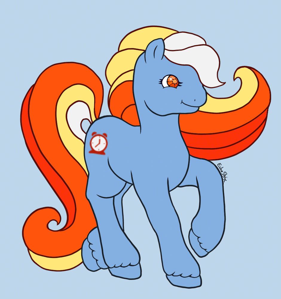 Image of a blue G2-style My Little Pony with orange and yellow-hued hair. Her eyes are made of reddish gems and she has a clock symbol on her flank.