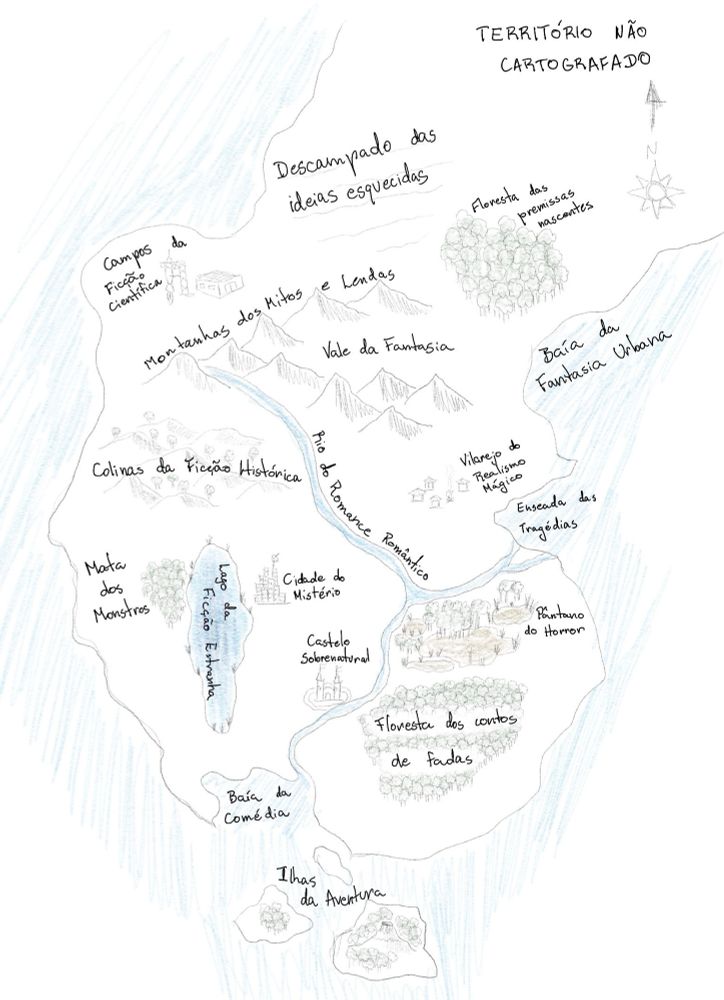 Desenho feito por mim de uma mapa imaginário contendo diferentes feições de relevo. De baixo para cima: Ilhas da Aventura, Baía da Comédia, Floresta dos contos de fadas, Castelo Sobrenatural, Pântano do Horror, Lago da Ficção Estranha, Mata dos Monstros, Cidade do Mistério, Rio do Romance Romântico, Enseada das Tragédias, Vilarejo do Realismo Mágico, Colinas da ficção histórica, Vale da Fantasia, Montanhas dos Mitos e Lendas, Campos da Ficção Científica, Descampado das Ideias a Esquecidas, Floresta das Premissas Nascentes, Território não cartografado.