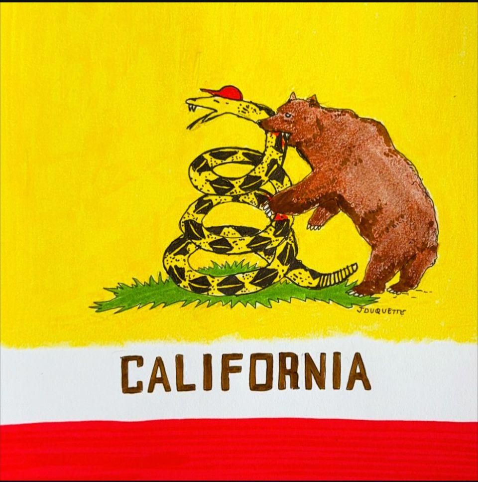 A yellow and black snake wearing a read had being bitten by a brown California grizzly bear on a yellow background, above letters spelling "California" in imitation of the California state flag.