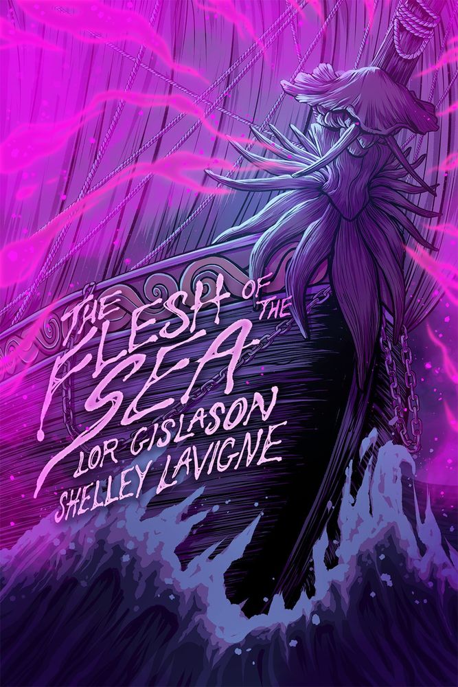 Cover for The Flesh of the Sea. There is a pirate ship with a strange creature as the masthead. Purple glowing trails of light are emanating from it. 