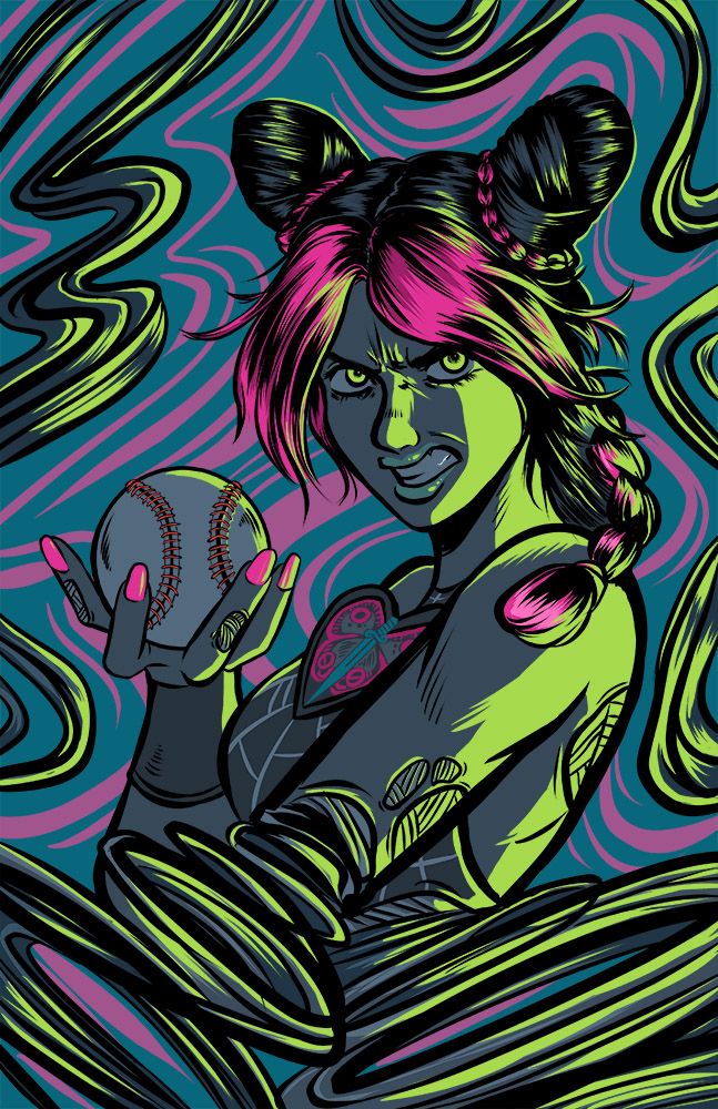 Jolyne Cujoh from JJBA holding a baseball, looking at the viewer, and unraveling. 