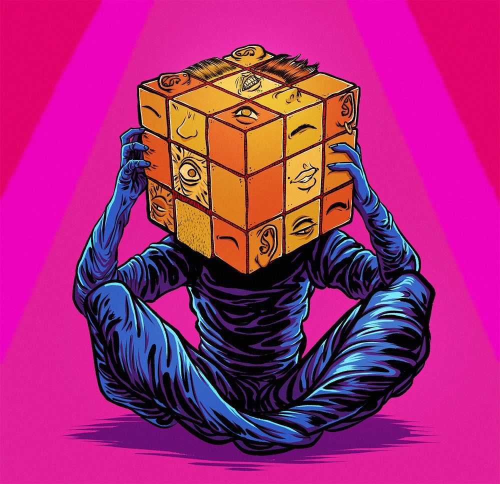 A creature sits with a rubix cube of different facial features on top of its head 