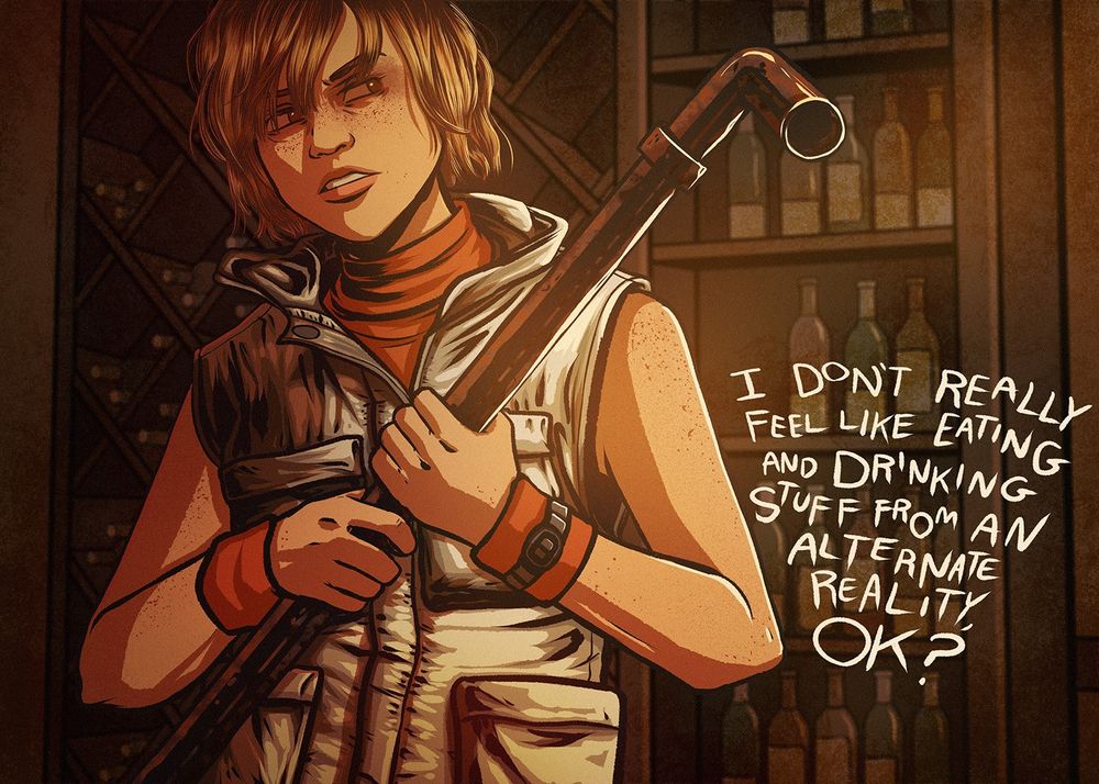 Heather Mason from Silent Hill 3 holds a lead pipe.