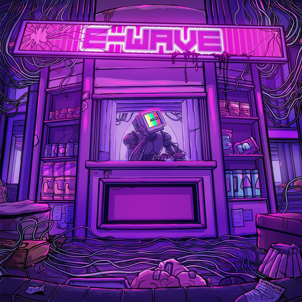 A robot with a CRT for a head sits, bored, at a convenience store counter. There is a mess of wires and snacks strewn about everywhere.
