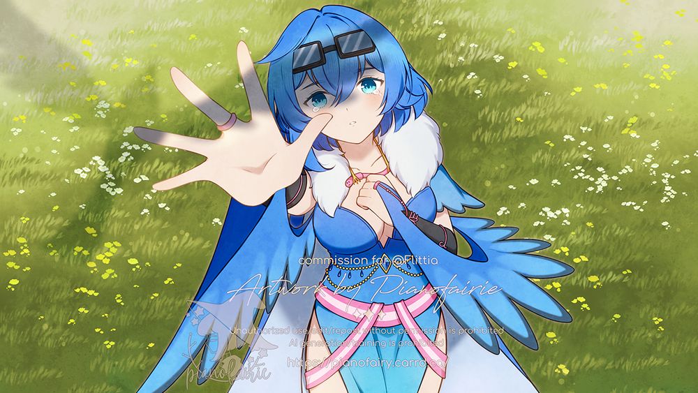 thigh up illustration commission of bird Vtuber Flittia for Attack on Titans song cover.