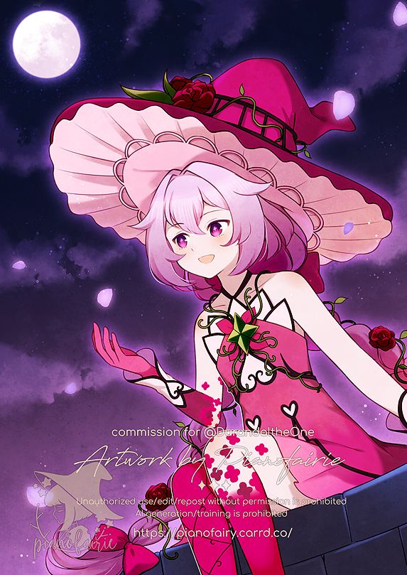 Commission art of a magical girl oc in vibrant pink+rose theme color and wearing a frilly witch hat decor with rose and vines. She's holding her hand out on the flying petal and the overall background color and moon is in purple tone.