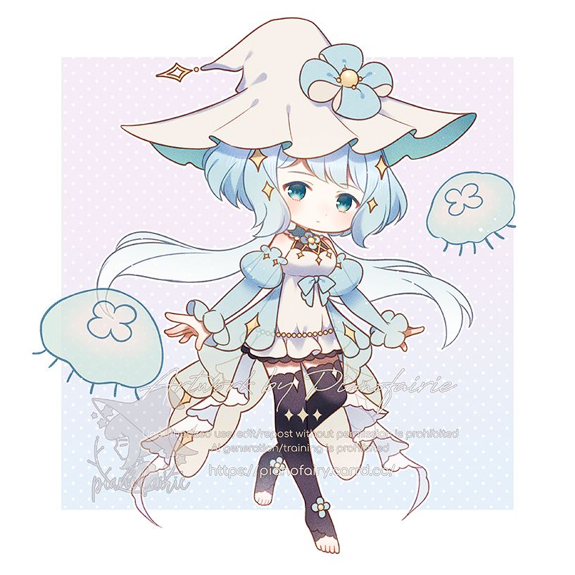 semi chibi art of jellyfish oc in pastel cold theme color, surrounded with some small jellyfishes.