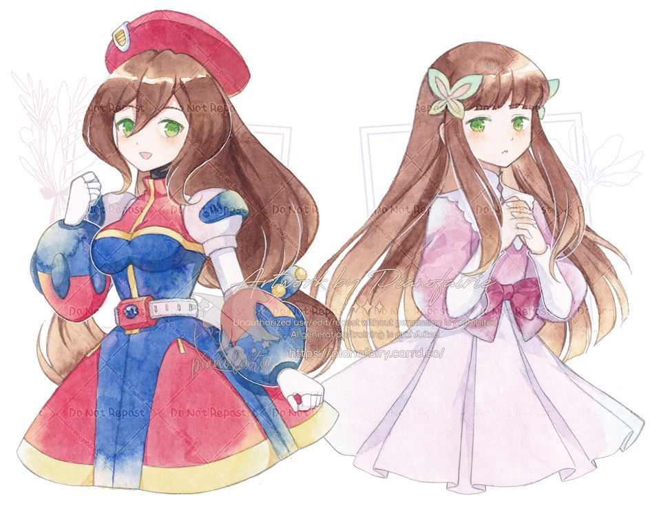traditional watercolor fanart of Iris from Megaman X and Iris from Megaman battle network respectively.
