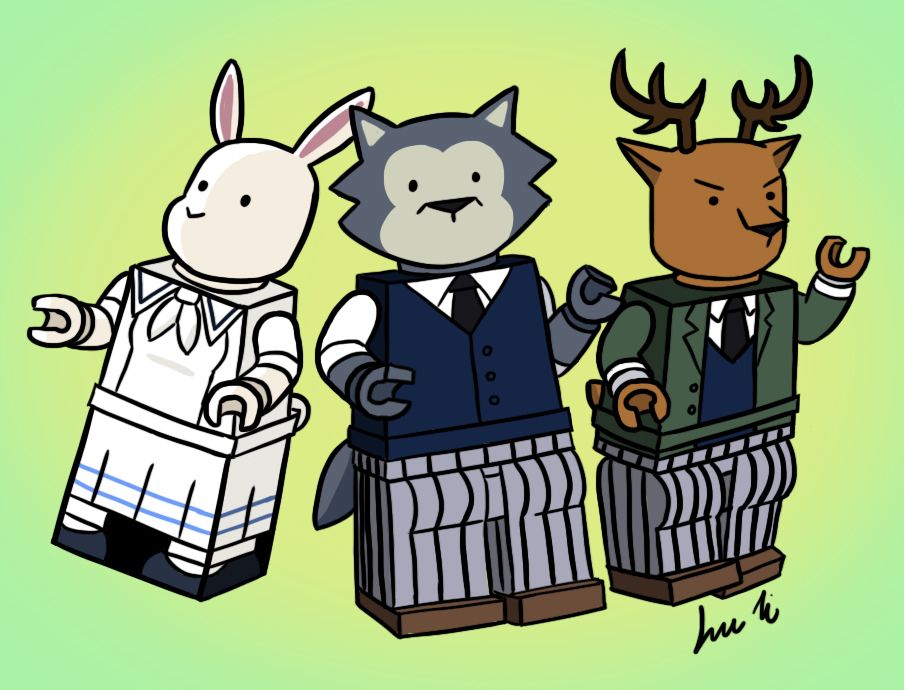 Fan art of Haru, Legoshi, and Louis from Beastars drawn as Lego minifigures.