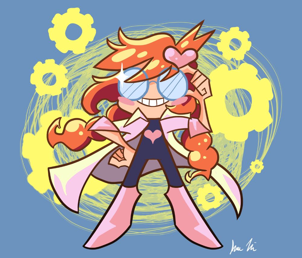 Fan art of Penny Crygor from the Warioware series. She is standing proud while cheekily holding on to her glasses. Yellow gears are in the background for decoration