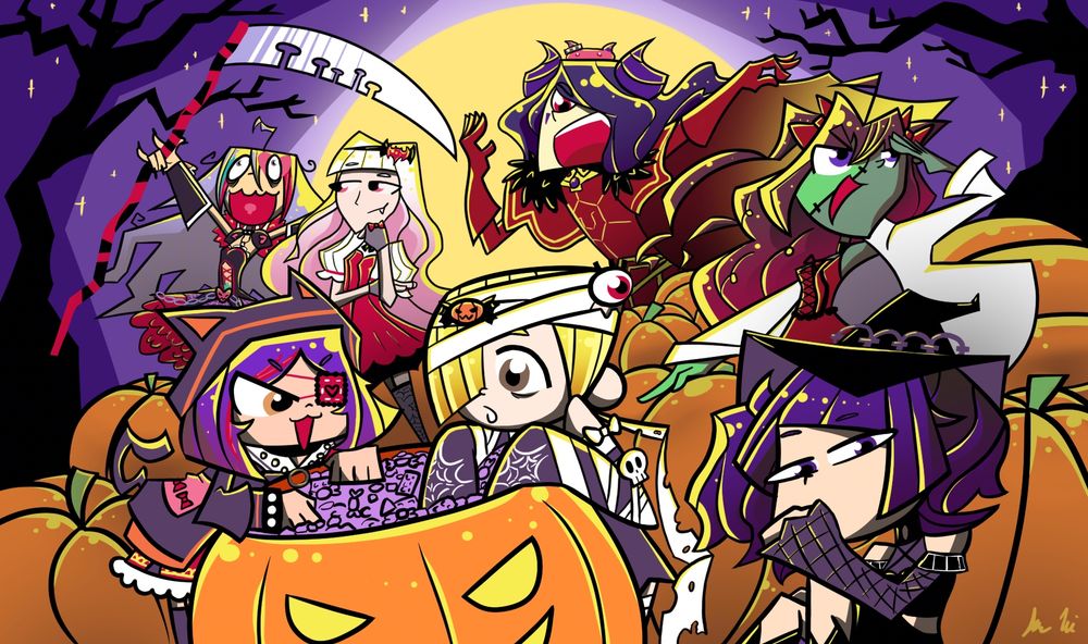 Stylized cartoon fan art of various Idolmaster characters in Halloween costumes chilling out in a pumpkin patch under the giant ass full moon.

(Top left to right) Syoko Hoshi from Cinderella Girls carrying a scythe; Takane Shijou from the og series in her "Kyun! Vampire Girl" outfit; Asselin BB II from SideM in his demon lord costume; Shiki Ichinose from Cinderella Girls with Frankenstein-ish face paint; Mirei Hayasaka also from Cinderella Girls in her Halloween black cat hoodie; Koume Shirasaka from Cinderella Girls yet again in her Halloween mummy ghost outfit; Mamimi Tanaka from Shiny Colors in her witch outfit.