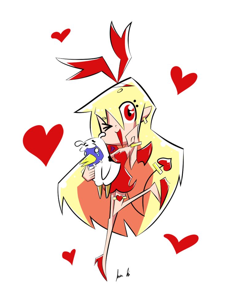 Flonne from Disgaea dressed up as Betty Boop. She is winking while holding a crying Prinny dressed up as Pudgy.