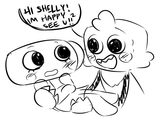 Goob princess carrying Shelly, saying “HI SHELLY! IM HAPPY 2 SEE U!!”. Both of them are blushing.