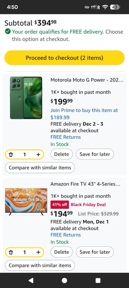 Amazon cart showing a Moto G Power phone for $199.99 and a 43" Amazon Fire TV for $194.99 for a total pre-tax price of about $395.