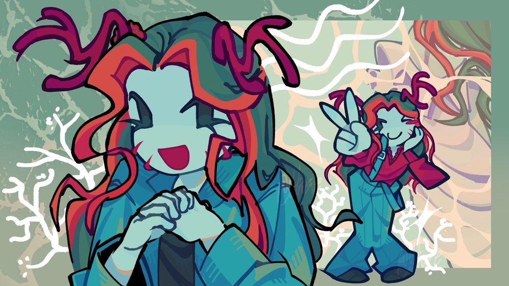 drawing of my oc 
she got coral for horns, but she is mostly blue and greens
she used to be designed to look winter like or more? ice and snow I guess? she had a dead branch with a dead leaf on her head.