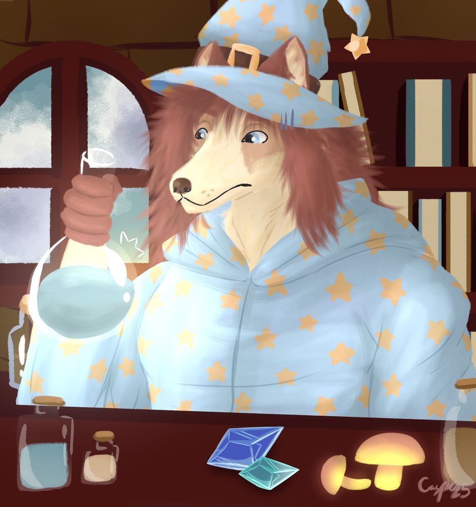a mage wolf looking confused over a potion that somehow glows... Maybe those mushrooms are the reason.