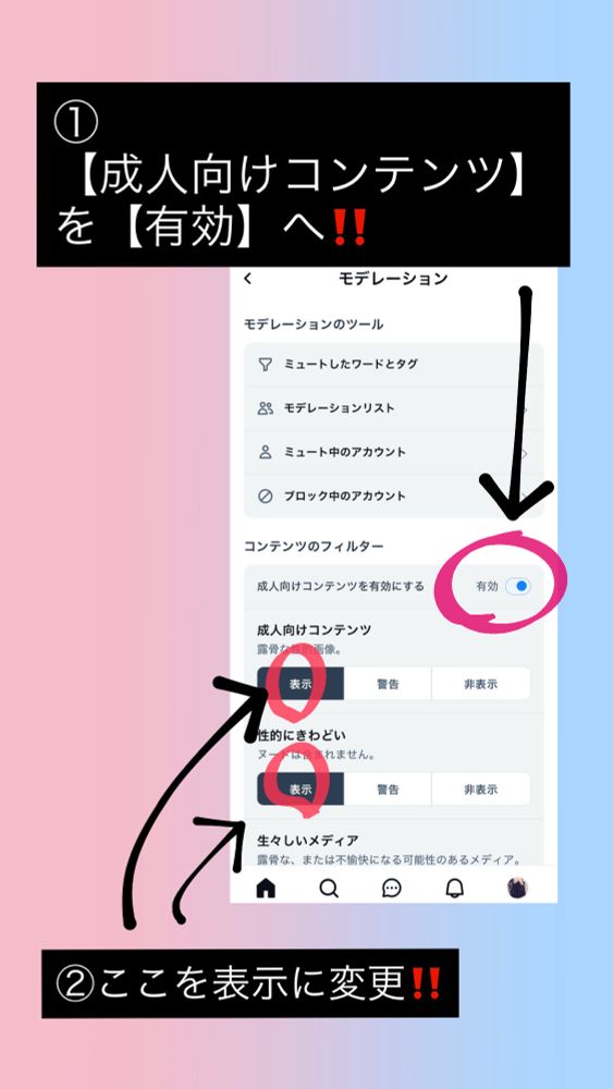成人向けコンテンツを 【有効】にする。
下の欄のせい人向けコンテンツ、性的にきわどい、生々しいメディアを【表示】に変更！