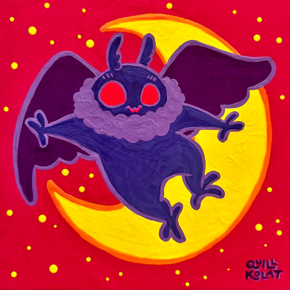 Fluffy, smiling Mothman flying in front of a crescent moon