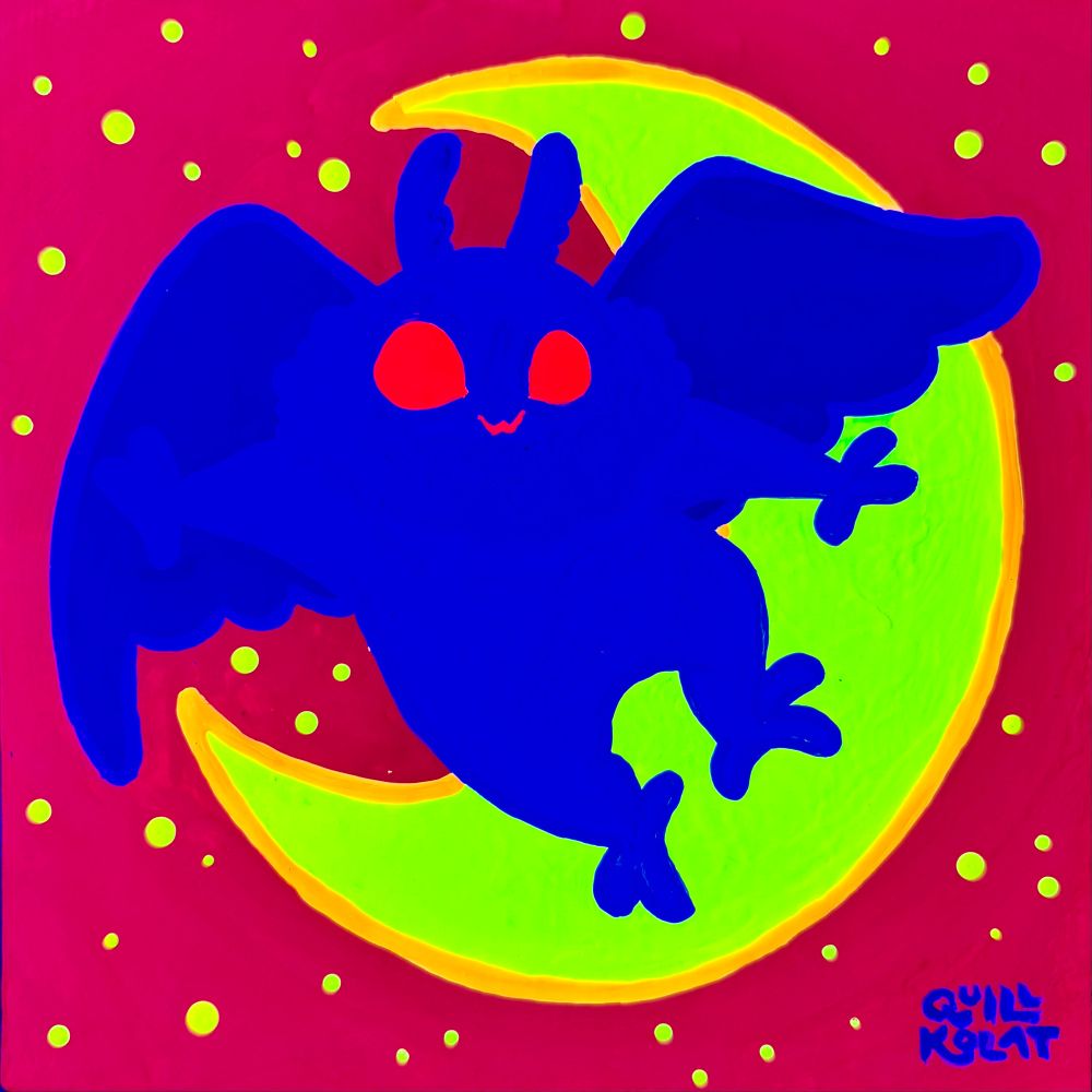 Fluffy, smiling Mothman flying in front of a crescent moon