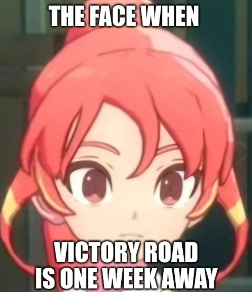 A imagem mostra uma personagem feminina estilo anime de cabelo cor de rosa com uma expressão de curiosa enquanto o texto na tela diz 'A cara que você faz quando victory road está a uma semana de distância' fazendo referência ao lançamento do jogo inazuma eleven victory road
