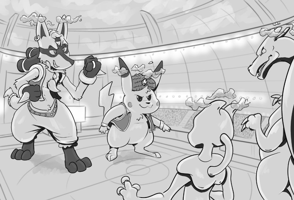 Four dynamaxed Pokemon have a battle: a Lucario, Pikachu, Mewtwo, and Charizard.