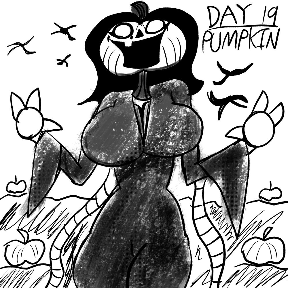 A lady with a pumpkin for a head and also breasts in a field of pumpkins, with crows in the background