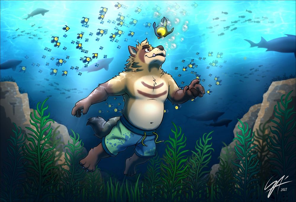 Rami, a tanuki, swims among the shallows of Subnautica. A curious peeper fish comes to investigate
