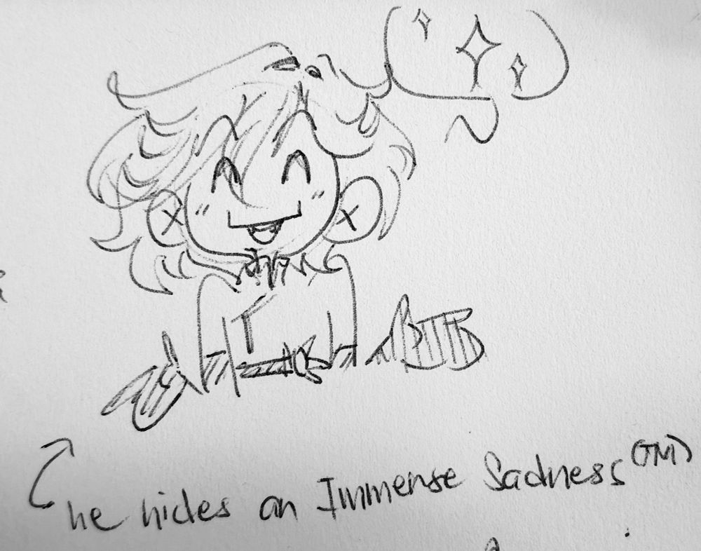 A pen doodle of Fay D. Flourite from the manga Tsubasa Reservoir Chronicle. He smiles with his eyes closed, a speech bubble full of sparkles next to him. An arrow points to this doodle with the attached text reading, "he hides an Immense Sadness(tm)".