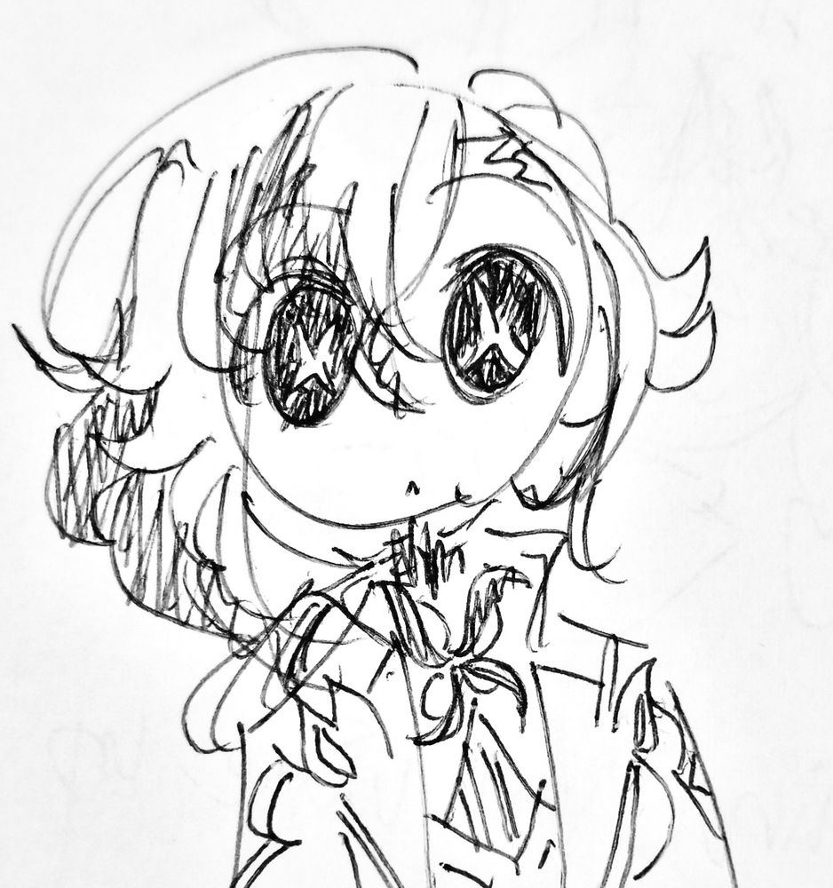 A doodle of Arlecchino from Genshin Impact drawn using a pen. Her eyes are drawn especially large and are focusing on the viewer.