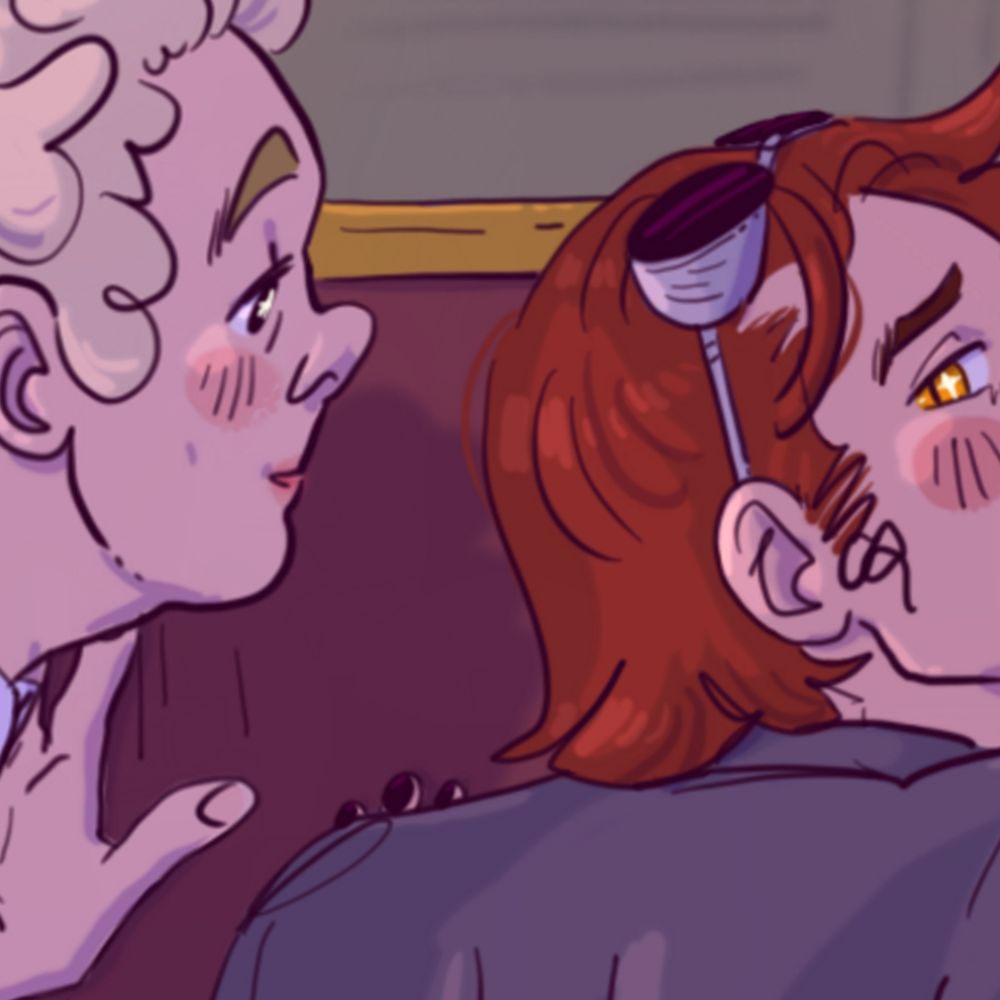 a cropped preview of a larger image featuring Aziraphale and Crowley. Aziraphale is behind Crowley, and both of their hands are bracing against the wall.