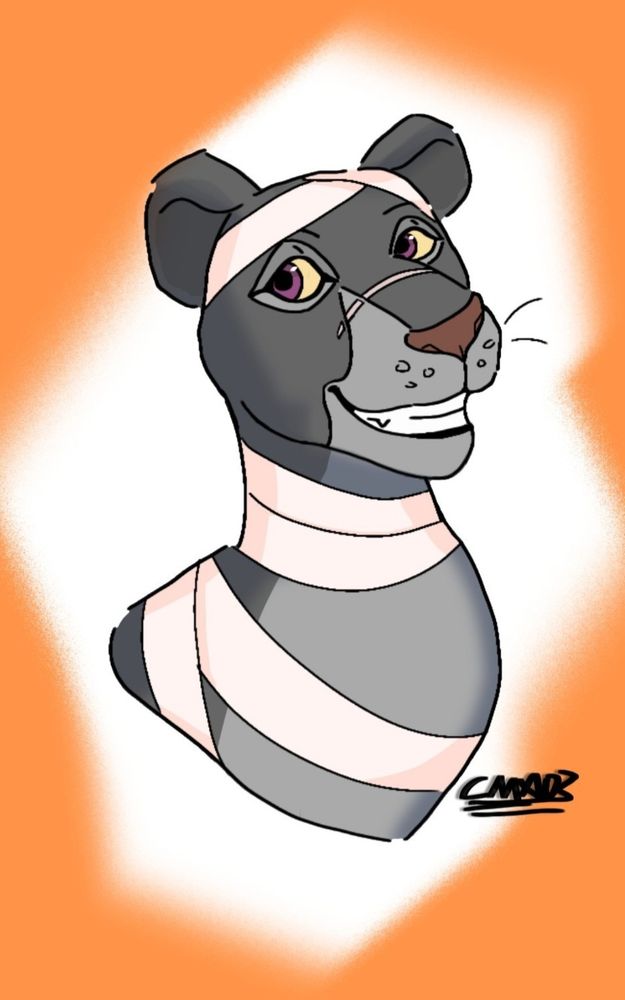 Finished illustrated drawing of a lioness, wearing bandages on her body. 