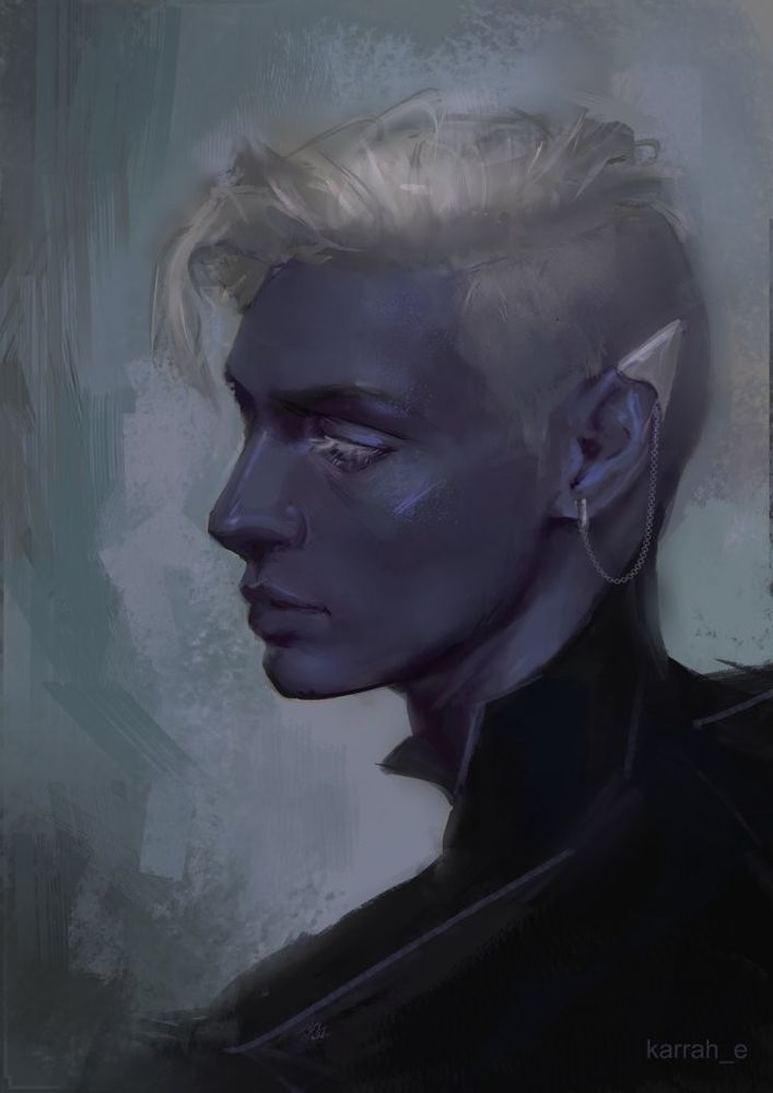 Painterly Essek against a blue-grey background 