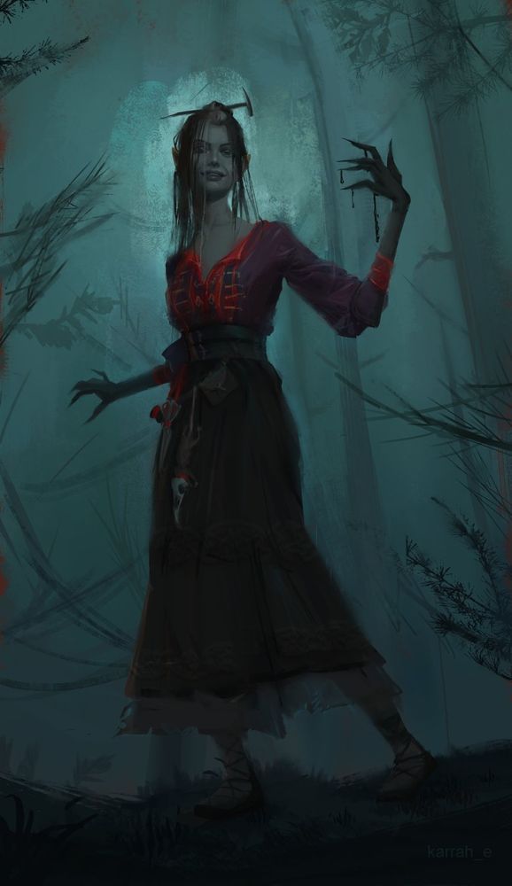 Painterly full body piece of Laudna standing in haunted woods at night. She has a spooky smile and black ichor dripping from her raised left hand