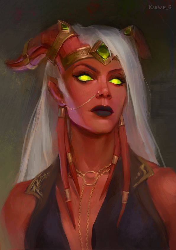 Painting of a red skinned Man'ari woman with corrupted green eyes and a condescending look. She wears gold jewellery with green gems, including cuffs on her horns
