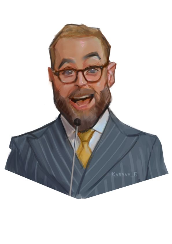 Stylised Sam Reich portrait with his mini mic. Classic Sam pose at the intro to Game Changer, with eyebrow cocked and twinkly smile