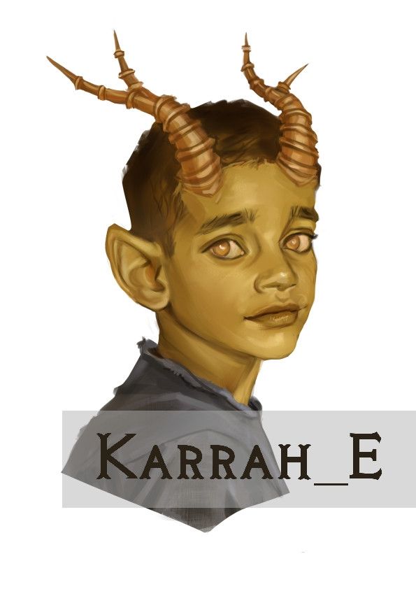 Stylised headshot of a young tiefling boy with gold skin and branching copper horns 
