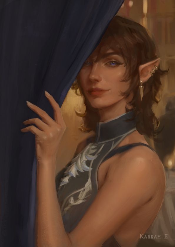 Painting of a half-elven woman peeking out from behind a thick blue drape with a ball or banquet going on behind her. The scene is lit in warm orange, candles and chandeliers. The half elf has brown hair in a wolf cut and wears a blue halter neck top with silvery embellishments. She wears some gold earrings and a subtle smile