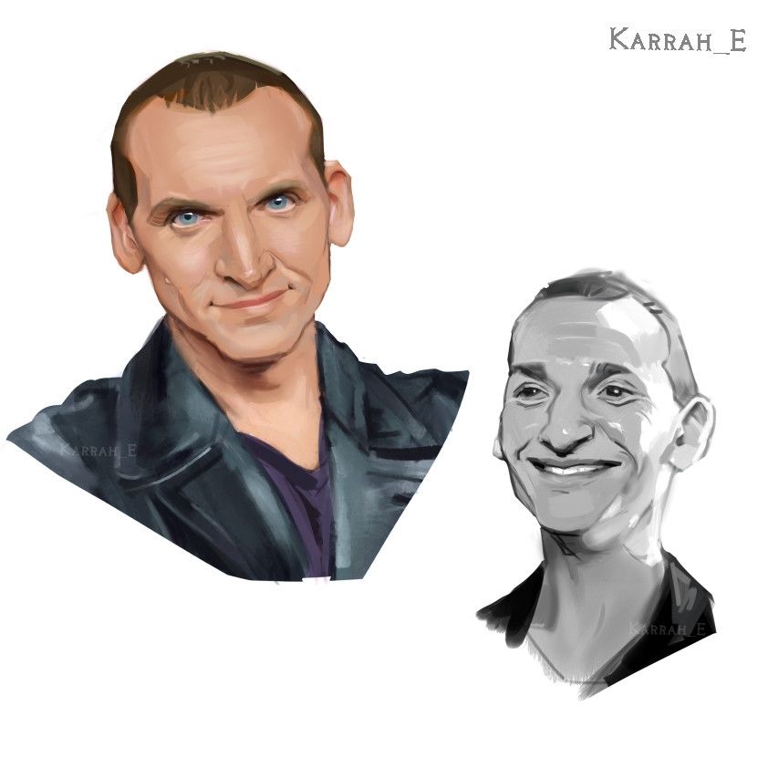 Two painted portraits of Christopher Eccleston as the Doctor. One is in colour and one in black and white. He is smiling in both, one more subtle and one beaming
