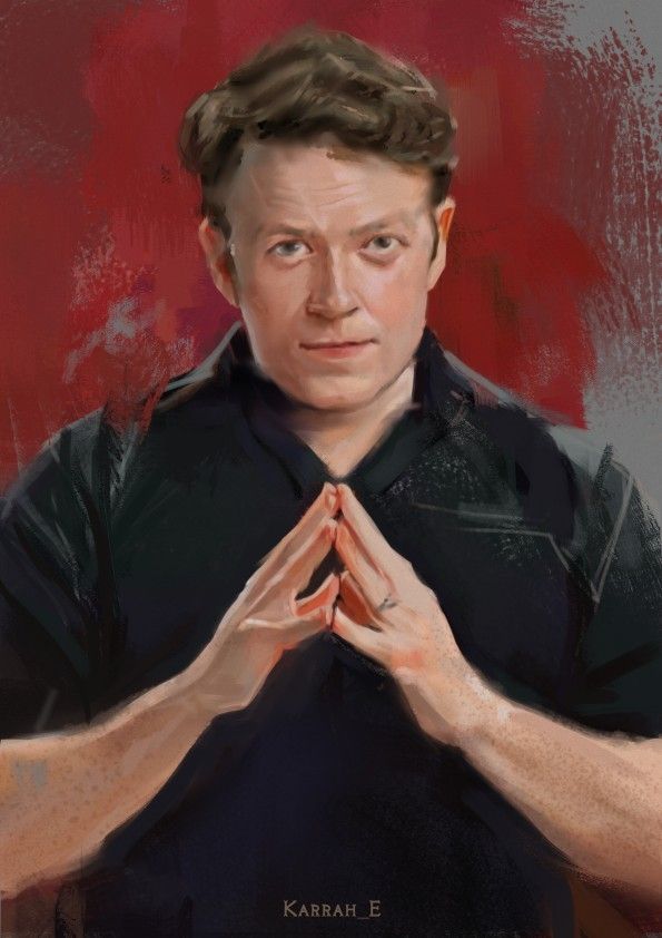 Painterly bust of Brennan Lee Mulligan tenting his fingers, set on a red background